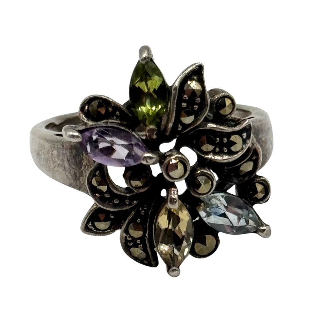 Sterling Silver Cocktail Ring Marcasite Multicolor Floral Size 7